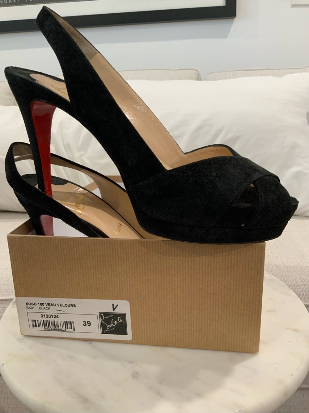 Vintage Christian Louboutin Black Suede Peep-Toe Slingback Heels